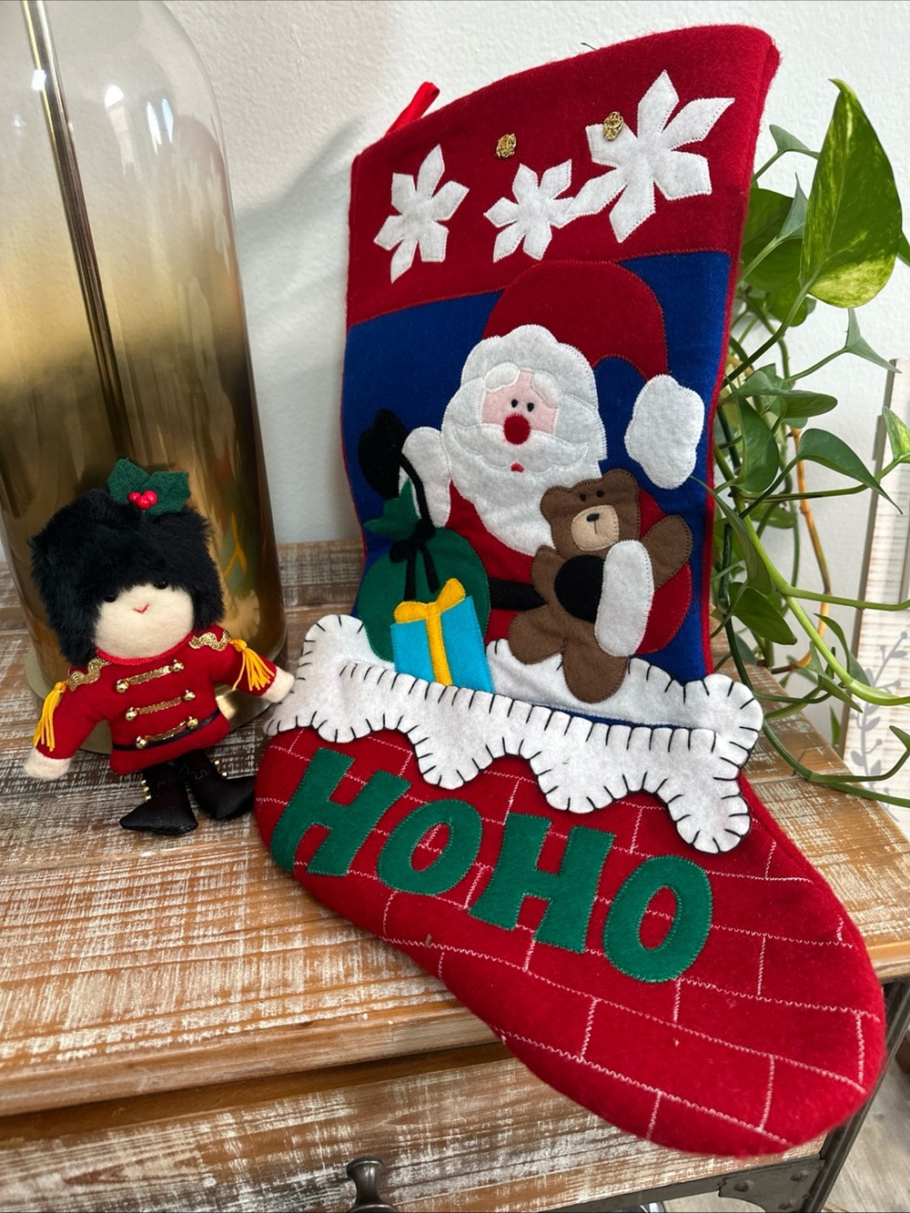 Vintage Felt Christmas Stocking Santa Teddy Fireplace & Nutcracker Soldier 19”